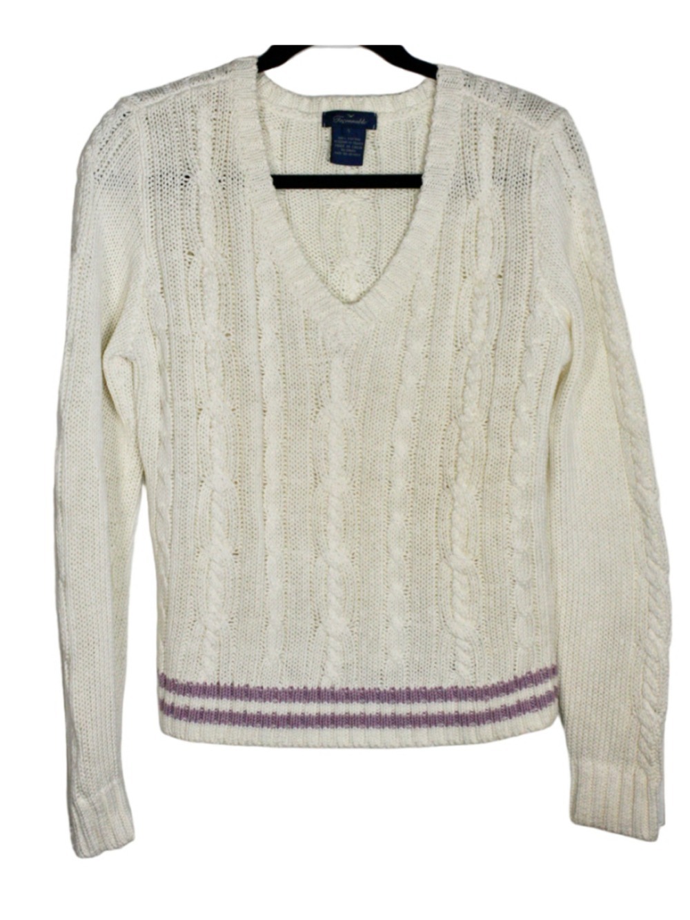 Façonnable Ivory Cable Knit Tennis Sweater Preppy Old Money V-Neck Pullover
